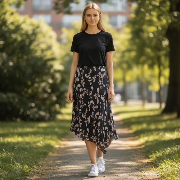 Vintage Y2K 2000s Merona Black Paisley Asymmetrical Hem Slit Midi Skirt Small - Picture 1 of 6